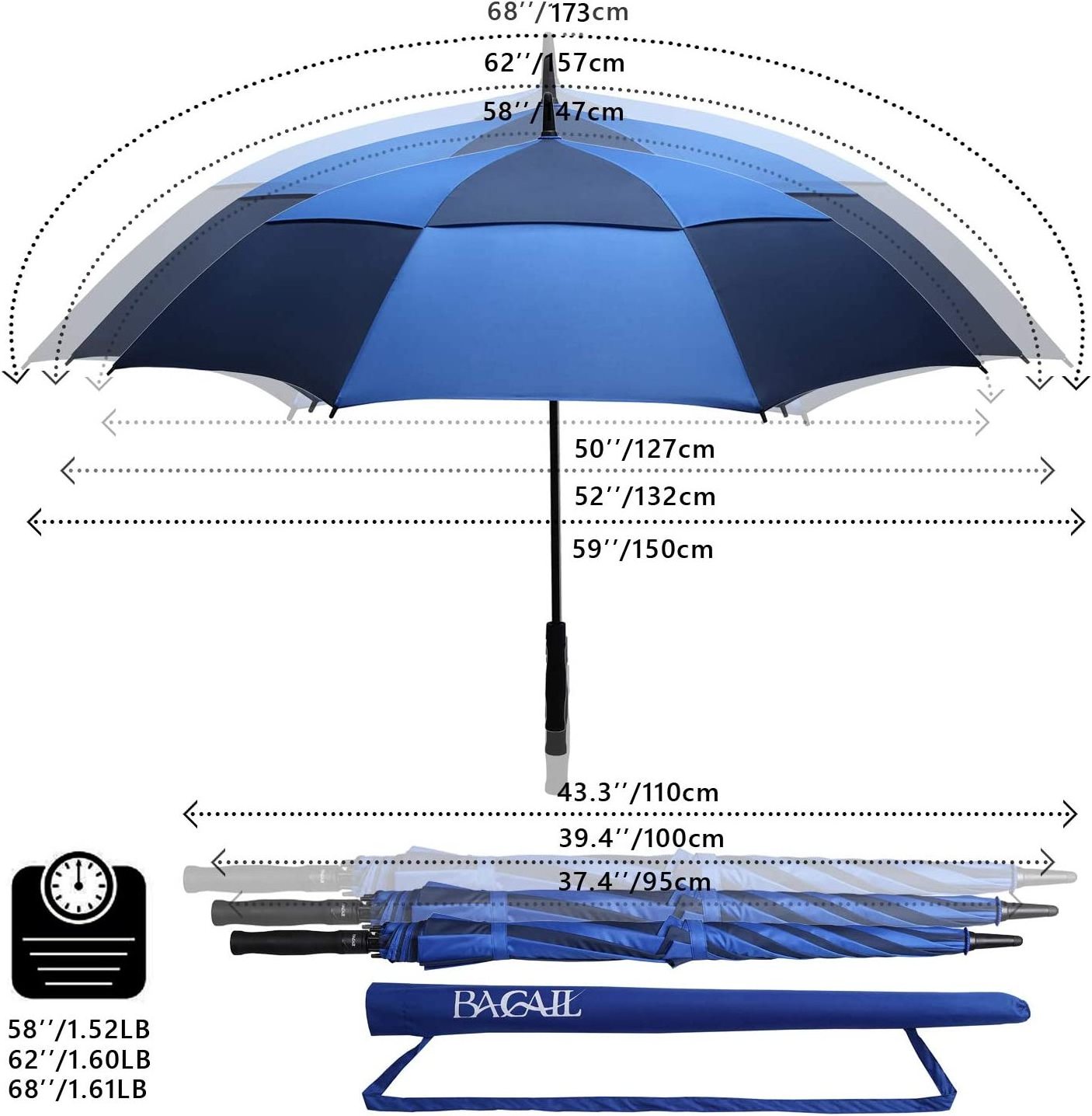 68/62/58 Inch Large Oversize Double Canopy Vented Automatic Open Stick Umbrellas for Men and Women Golf Umbrella