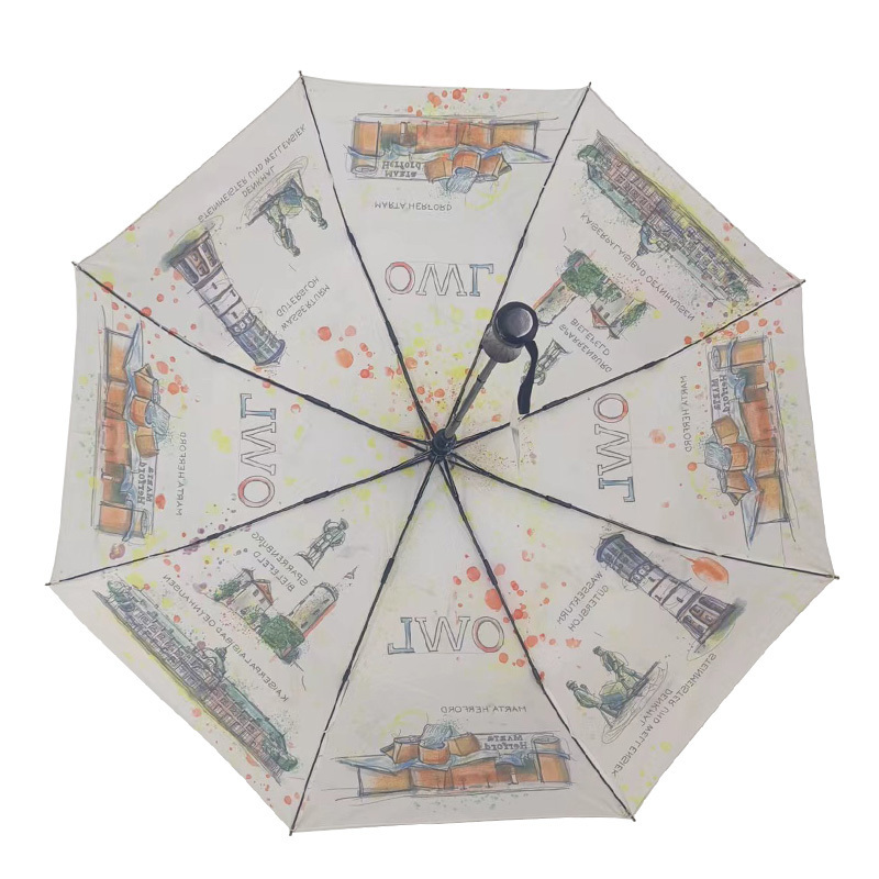 White Cartoon Pattern Foldable  Automatic Umbrella 3 Folding Customized Print Waterproof Windproof Umbrella