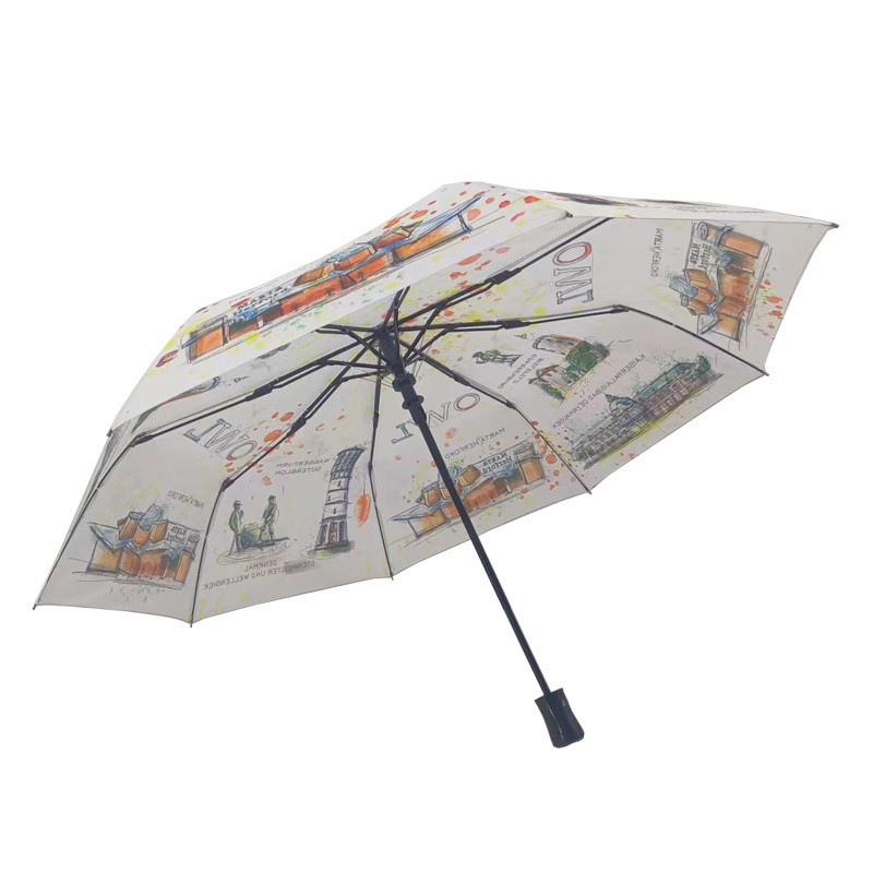 White Cartoon Pattern Foldable  Automatic Umbrella 3 Folding Customized Print Waterproof Windproof Umbrella