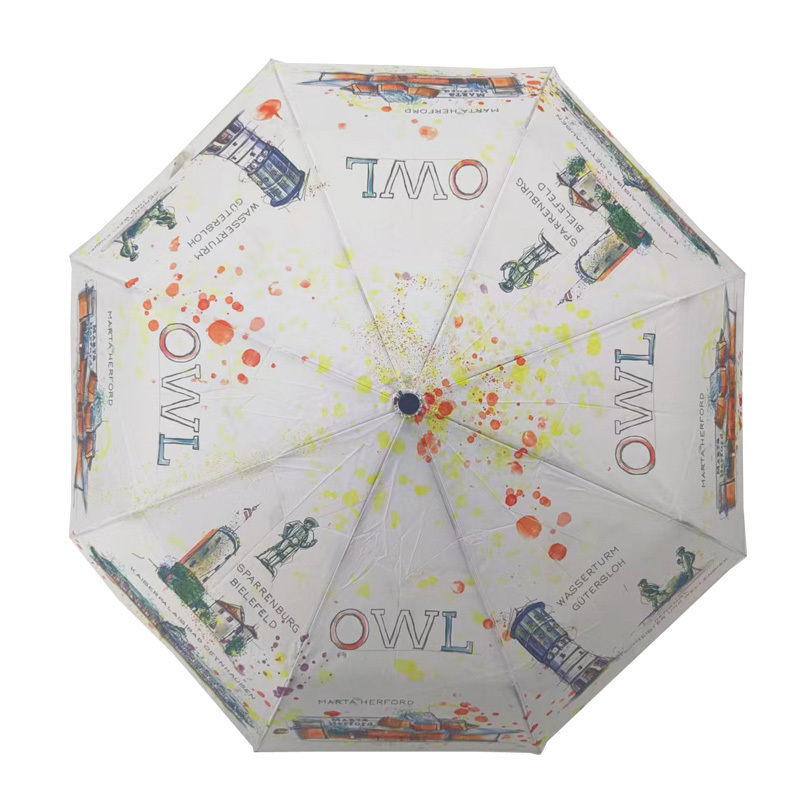 White Cartoon Pattern Foldable  Automatic Umbrella 3 Folding Customized Print Waterproof Windproof Umbrella