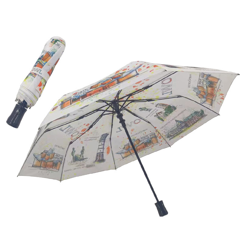 White Cartoon Pattern Foldable  Automatic Umbrella 3 Folding Customized Print Waterproof Windproof Umbrella