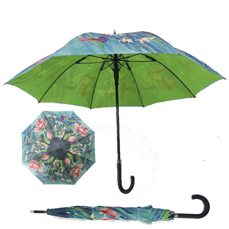 Flower Pattern Double Layer Auto Open Windproof Customized Color Print Straight umbrella with Rubberized Handle