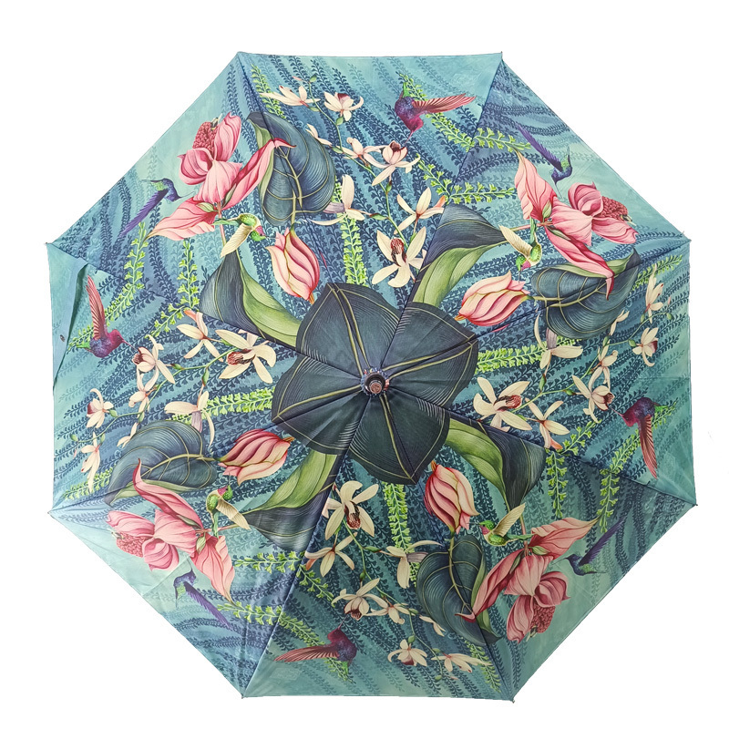 Flower Pattern Double Layer Auto Open Windproof Customized Color Print Straight umbrella with Rubberized Handle