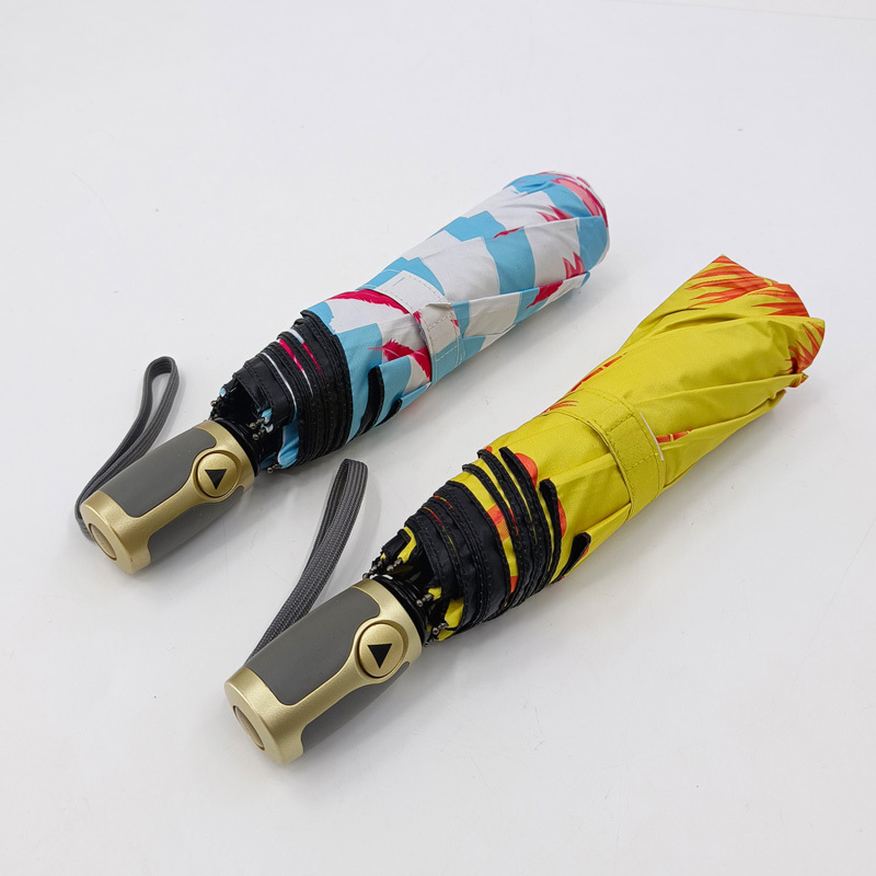 Yellow Leaf Pattern Auto Open Manual Close 3 Folding Uv Protection Waterproof Windproof Sun-proof Umbrella