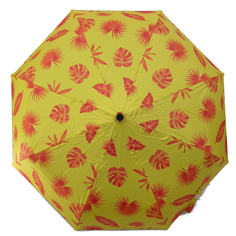 Yellow Leaf Pattern Auto Open Manual Close 3 Folding Uv Protection Waterproof Windproof Sun-proof Umbrella