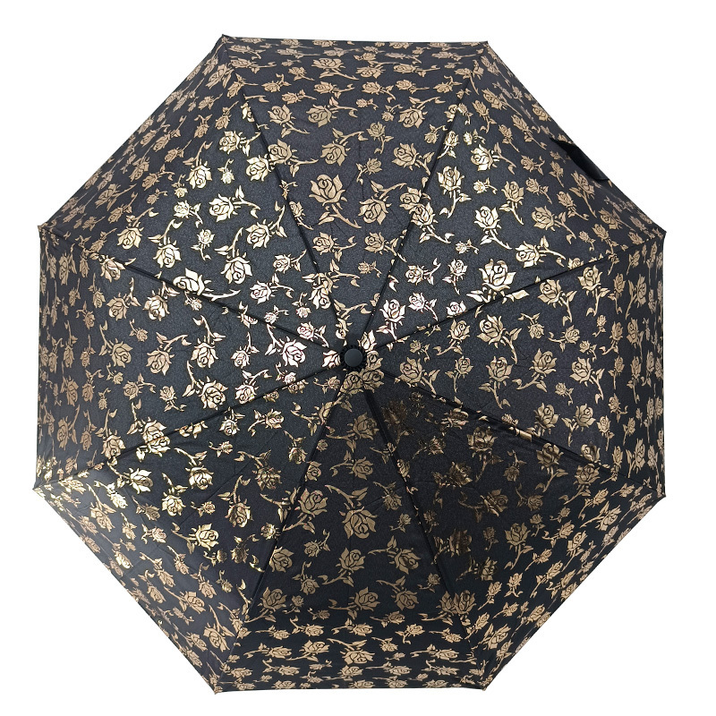 Black Golden Flower Pattern Foldable Auto Open Manual close 3 Folding Customized Logo Windproof Umbrella