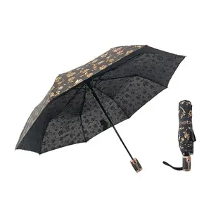 Black Golden Flower Pattern Foldable Auto Open Manual close 3 Folding Customized Logo Windproof Umbrella