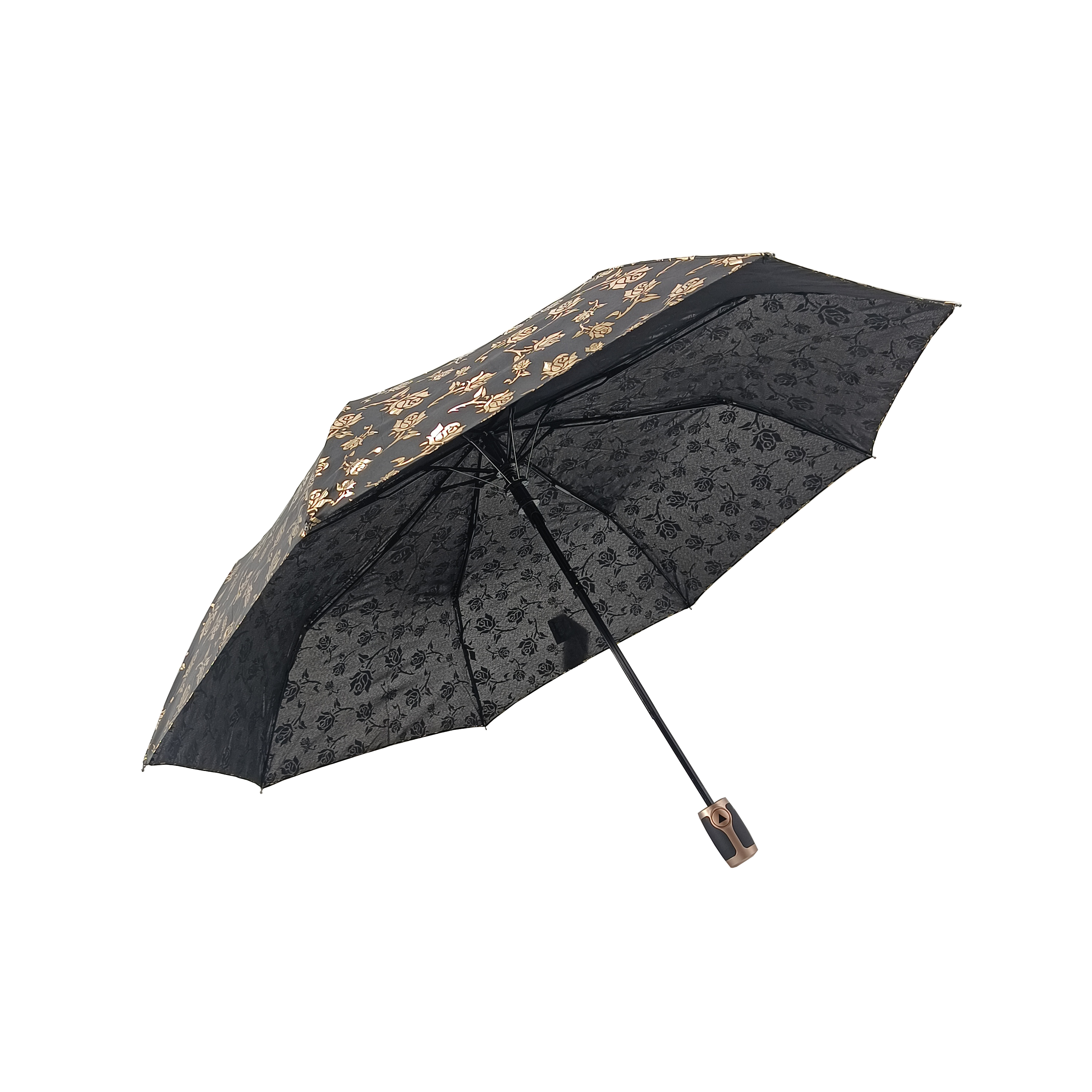 Black Golden Flower Pattern Foldable Auto Open Manual close 3 Folding Customized Logo Windproof Umbrella