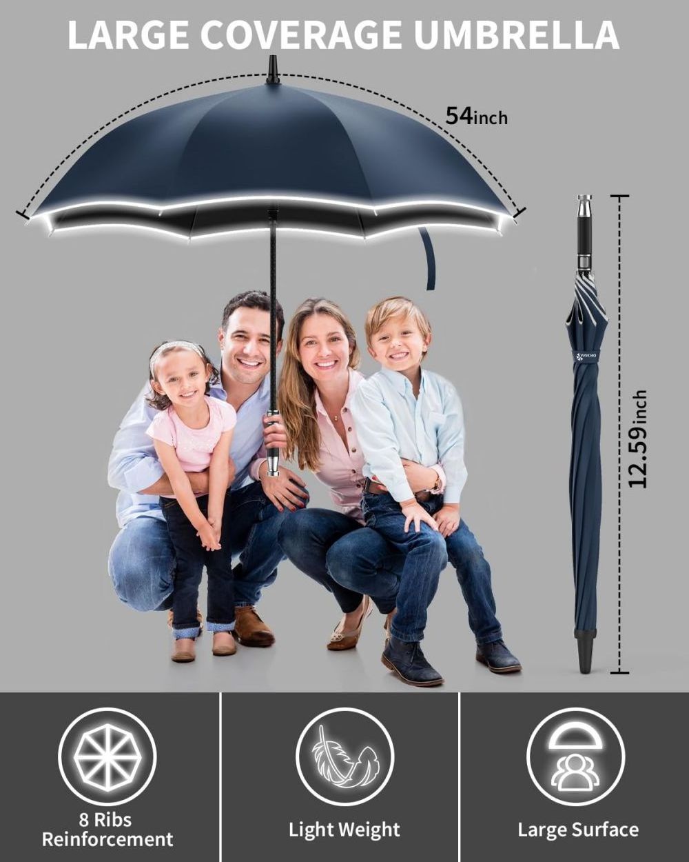 Big Umbrella for Men with Reflective Stripe and Cover Waterproof and UV Protection Auto Open Golf Umbrella