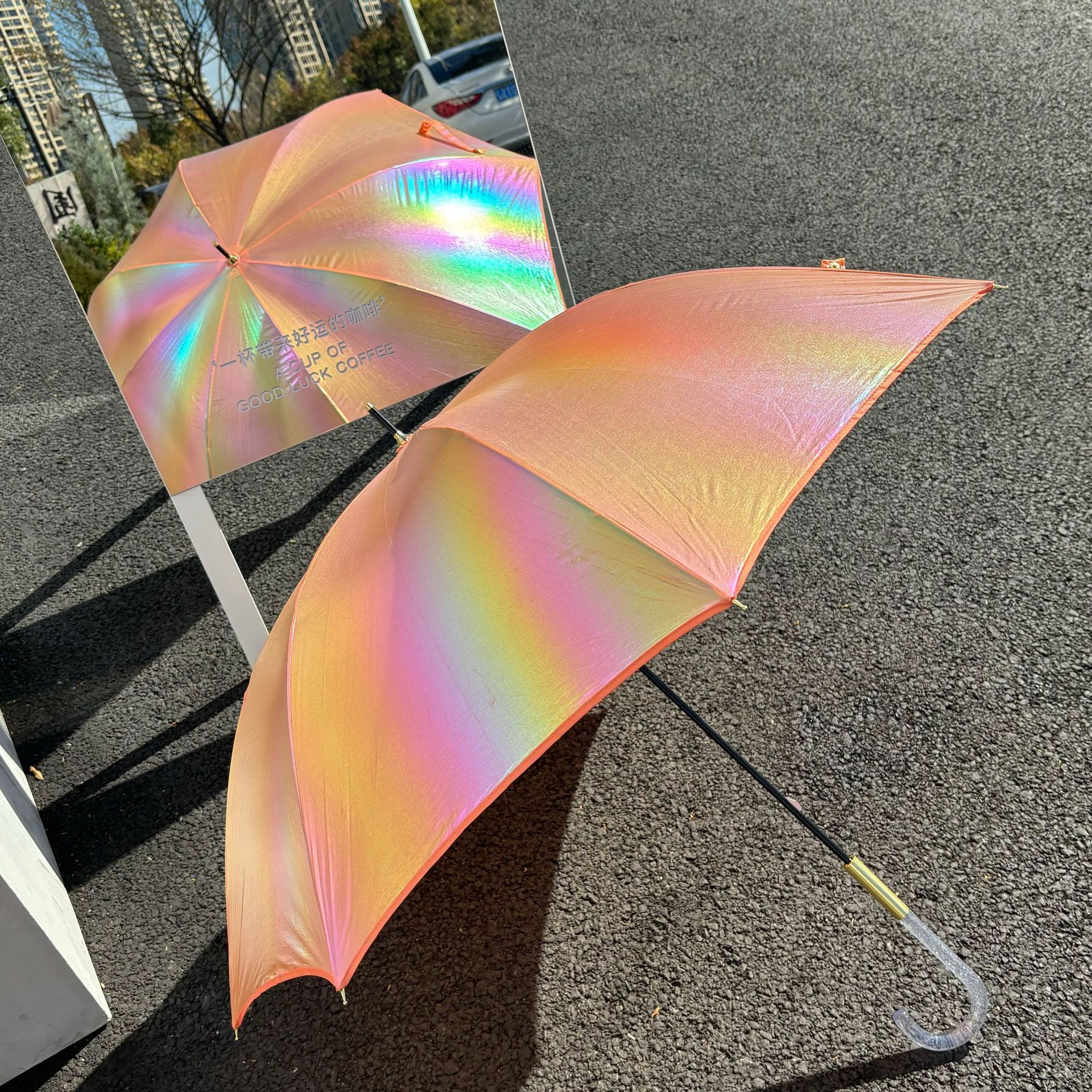 Dazzling Plastic PVC Holographic Multicolor plastic transparent straight long umbrella with flower printed Laser umbrella