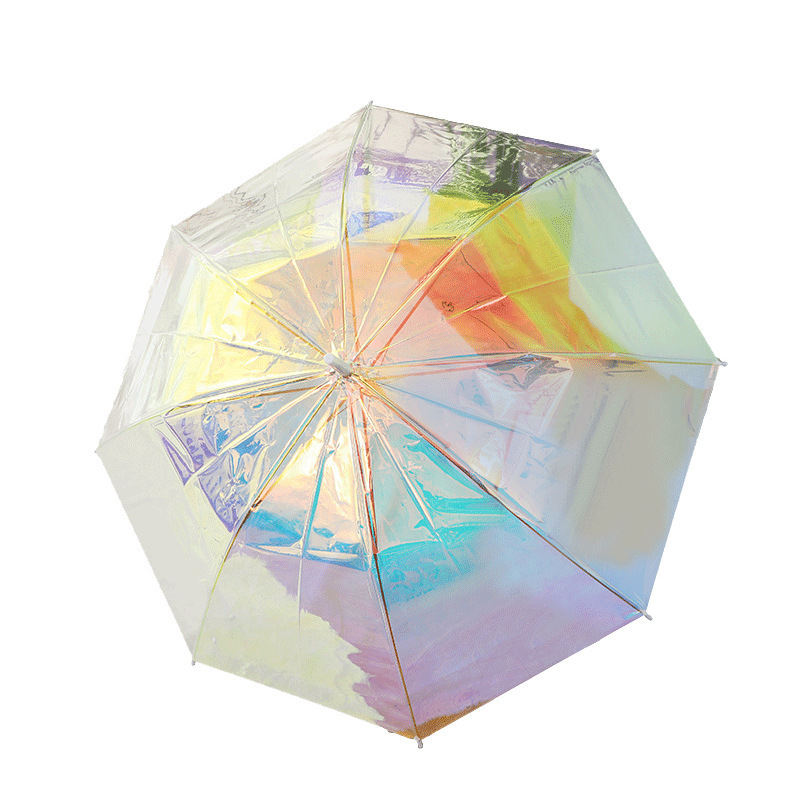 Dazzling Plastic PVC Holographic Multicolor plastic transparent straight long umbrella with flower printed Laser umbrella