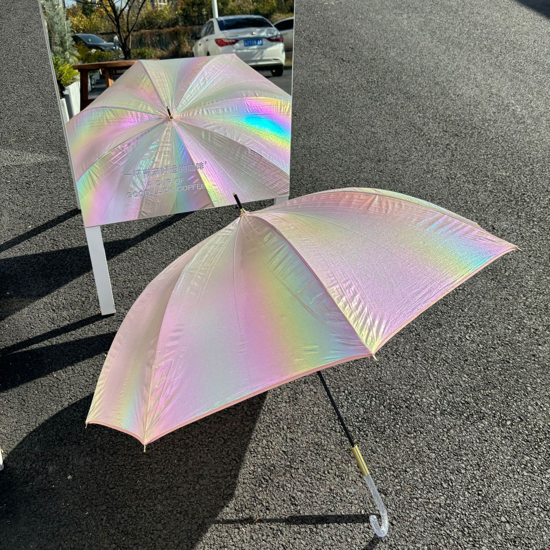 Dazzling Plastic PVC Holographic Multicolor plastic transparent straight long umbrella with flower printed Laser umbrella