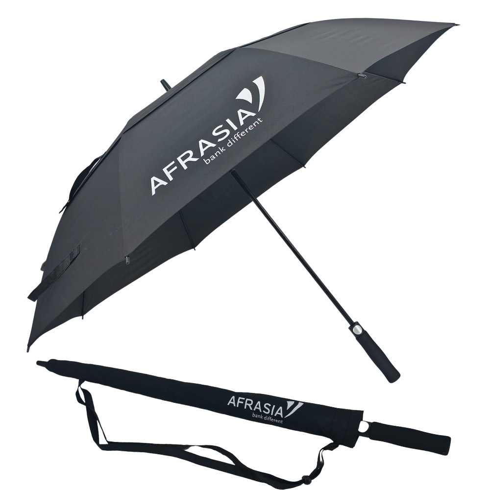 Xiamen Umbrella Customized Logo Air Vents Golf Paraguas Black Umbrella with Carrying Bag