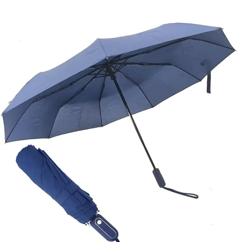 Auto Open Three Folding Windproof  Customized  Logo Printing Fully-automatic Round Metal Button Rain Umbrella