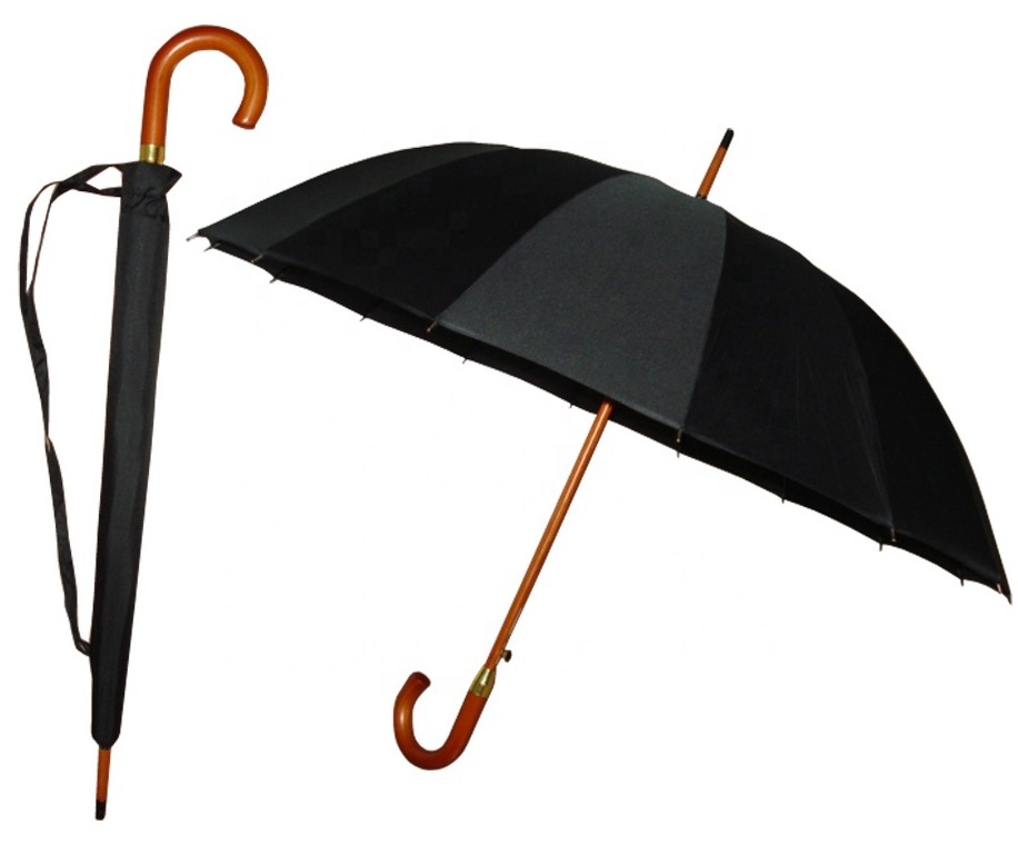 25Inch 16Ribs Semi Automatic Black Color Wooden Handle Mens Umbrella