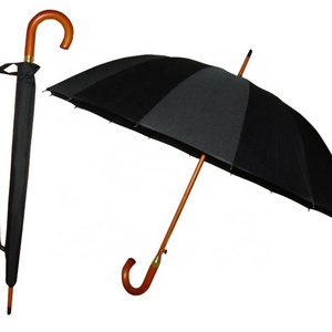 25Inch 16Ribs Semi Automatic Black Color Wooden Handle Mens Umbrella