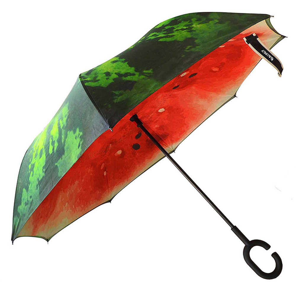 Folding reverse umbrella double layer windproof rainproof umbrella portable ladies C handle inverted anti UV umbrella