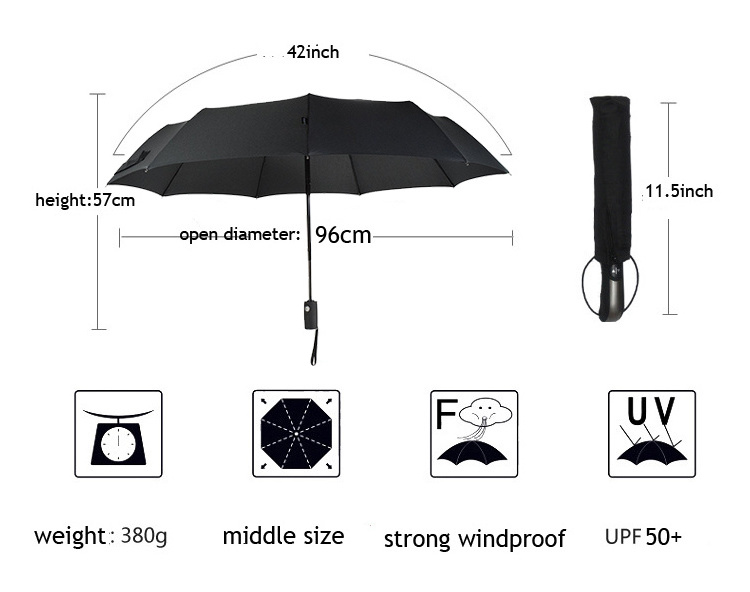 New Design 210T Fabric 3 Fold Travel Umbrella with Water Absorbent Umbrella Bag Rubberized Handle Black Coated Metal Shaft