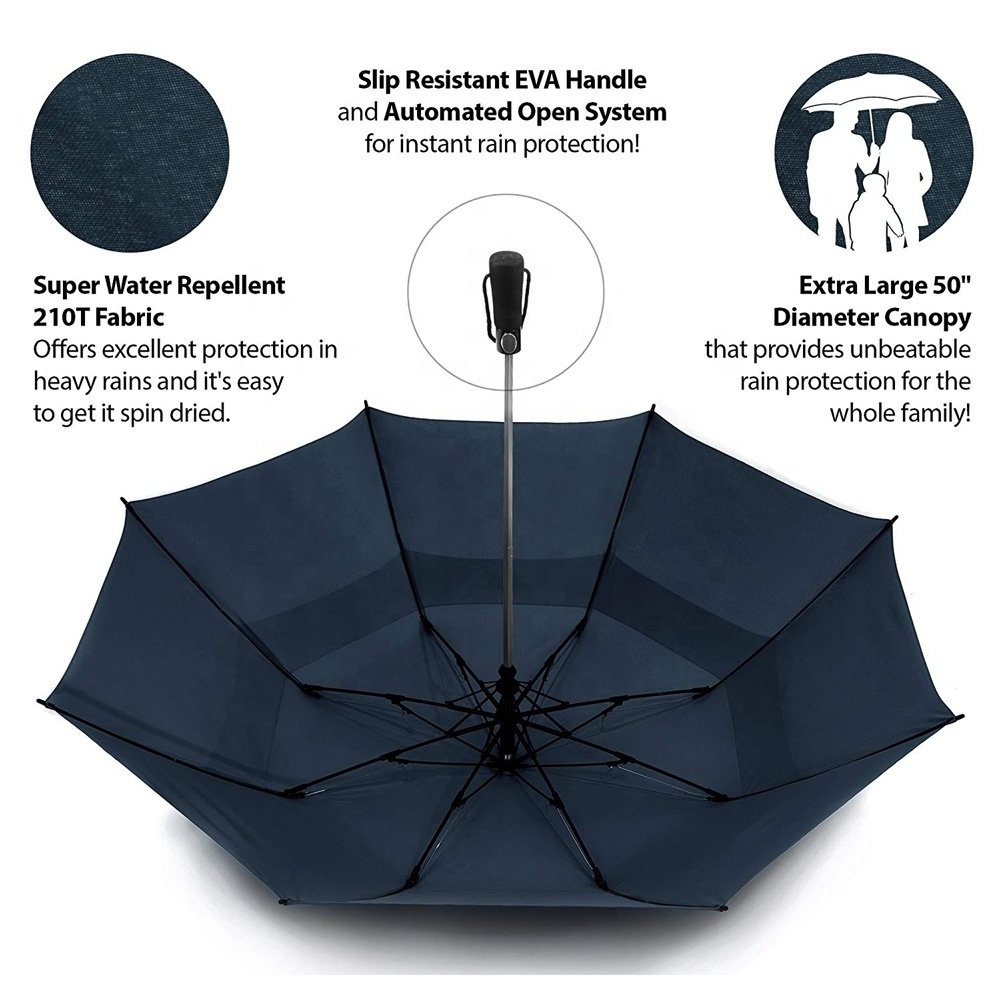 Windproof Double Canopy Automatic Open Large Size Rain Two Folding Umbrella