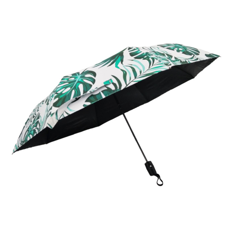 23inch Green Plants Printed Automatic 3 Fold Windproof Umbrella Auto Open and Manual Close,all in 1 Black Plastic Handle 23 Inch