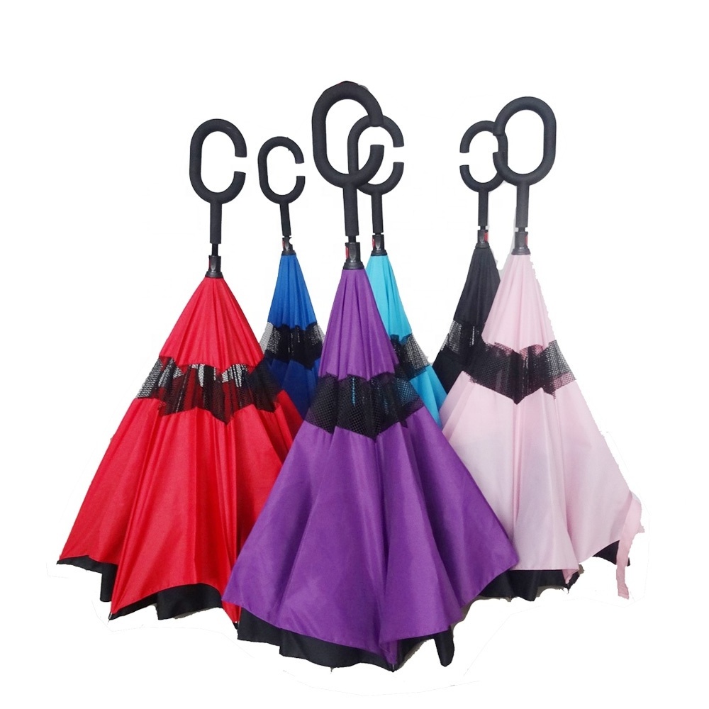 2021 Auto Open Paraguas Parapluie Sombrillas Double Layer Inverted Car Reverse Umbrella with C-Shaped Handle