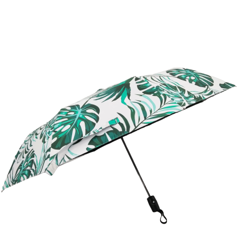 23inch Green Plants Printed Automatic 3 Fold Windproof Umbrella Auto Open and Manual Close,all in 1 Black Plastic Handle 23 Inch