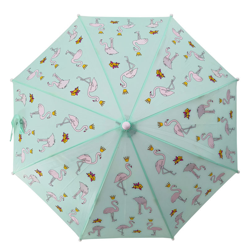 Color change Flamingo Children safety manual open custom color frame fiberglass umbrella with plastic J handle