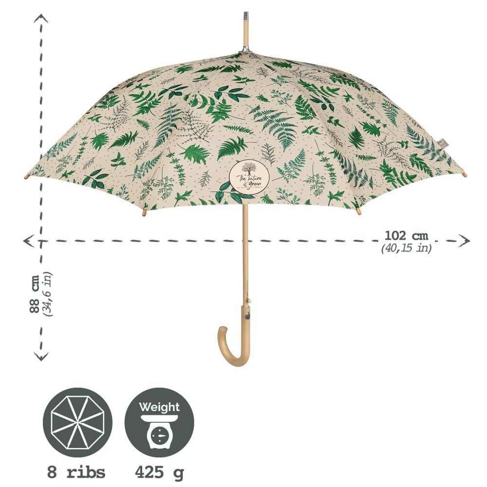 High Quality Outdoor Windproof Umbrella walking stick recycling nature leaves design printed RPET umbrella eco friendly