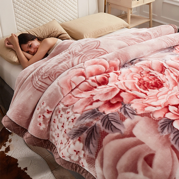 Wholesale Wedding Flower Printed Koran Raschel Plush Blanket King Size Double Layer Polyester Mink Blanket