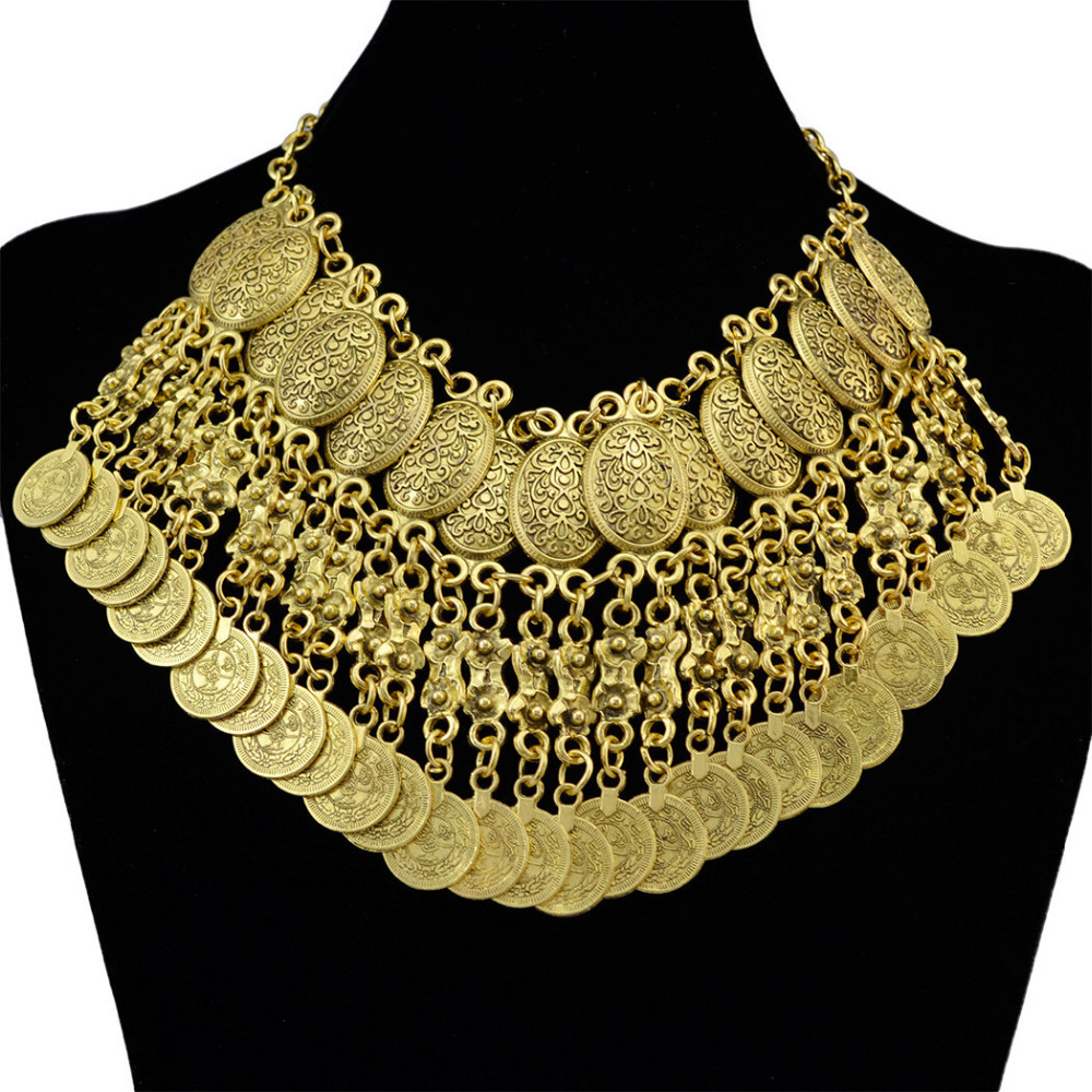 Bohemian Antique Silver Gold Alloy Necklace Fashion Chunky Necklaces Carved Flower Tassel Coins Bib Choker Necklace