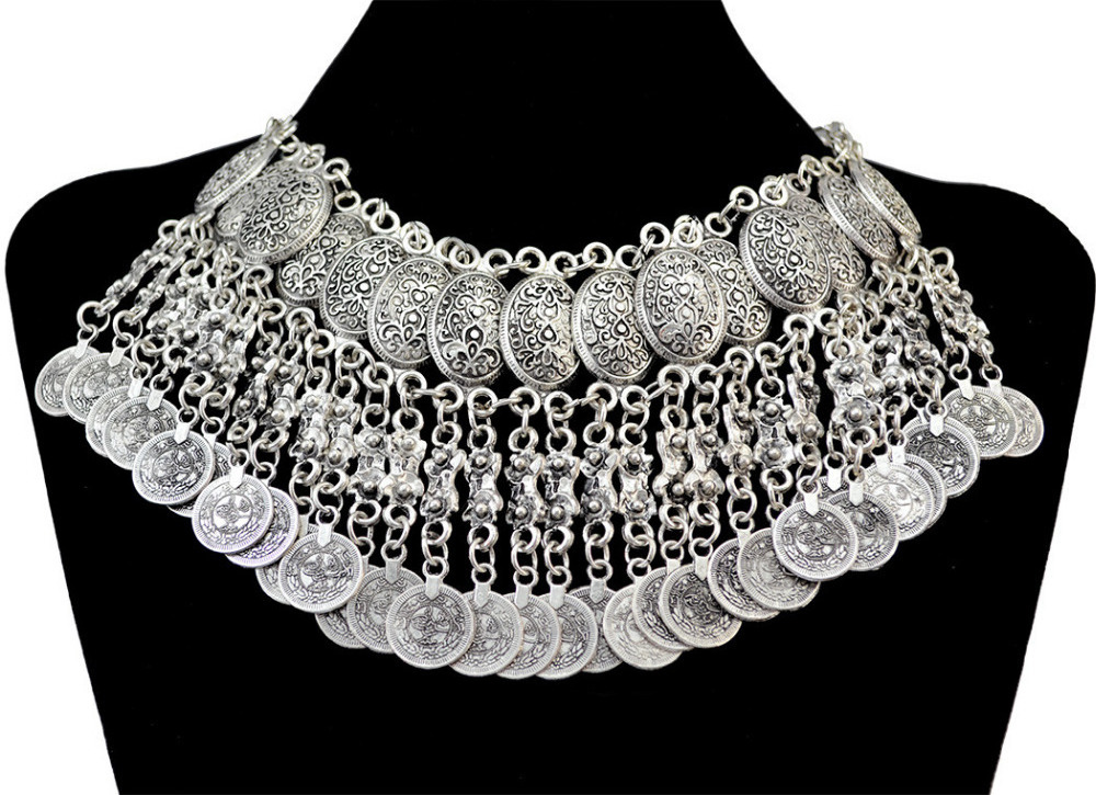 Bohemian Antique Silver Gold Alloy Necklace Fashion Chunky Necklaces Carved Flower Tassel Coins Bib Choker Necklace