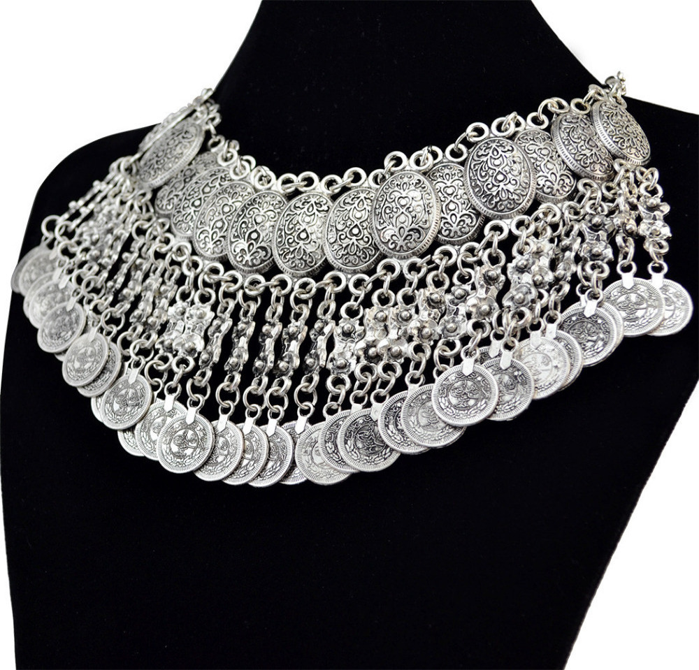 Bohemian Antique Silver Gold Alloy Necklace Fashion Chunky Necklaces Carved Flower Tassel Coins Bib Choker Necklace