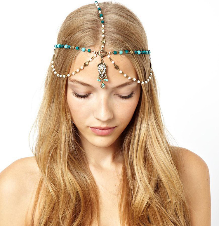 European Style Bronze Metal Pearl Blue Wood Beads Rhinestone Carving Drop Tassels Hairband Headband