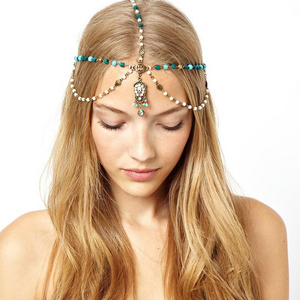 European Style Bronze Metal Pearl Blue Wood Beads Rhinestone Carving Drop Tassels Hairband Headband