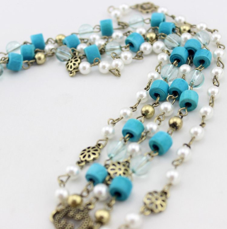 European Style Bronze Metal Pearl Blue Wood Beads Rhinestone Carving Drop Tassels Hairband Headband