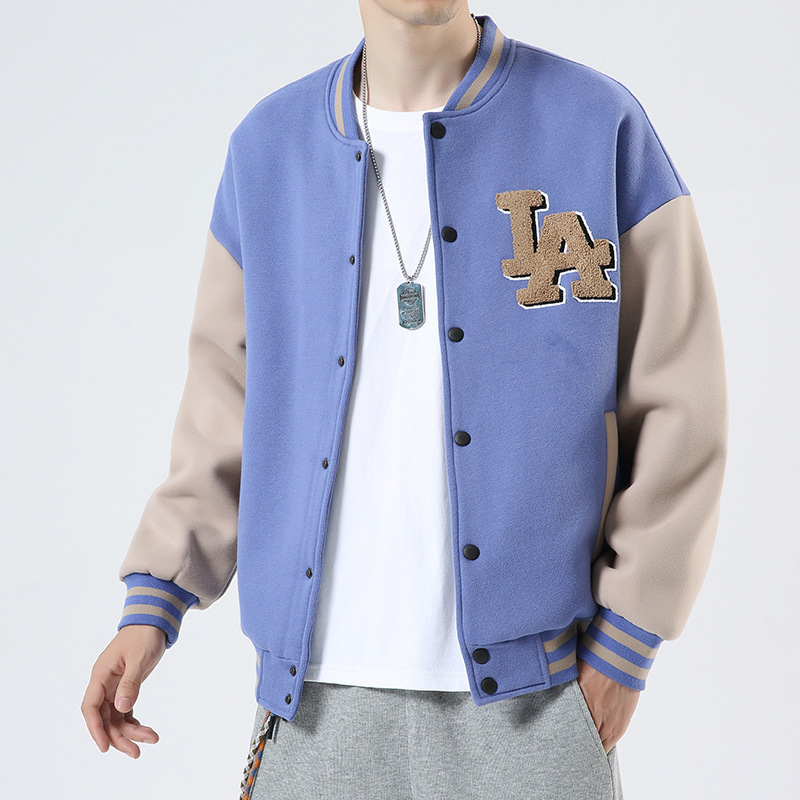 knitted cardigan with LA letters embroidery custom mens varsity jackets with collar