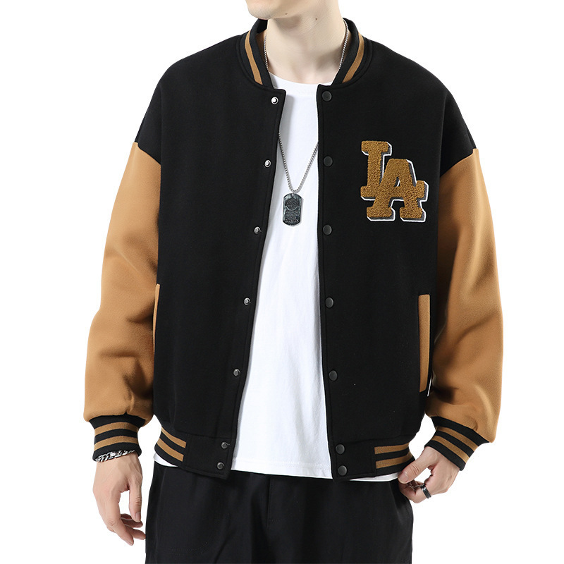 knitted cardigan with LA letters embroidery custom mens varsity jackets with collar