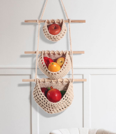 Macrame Fruit Basket Hanging - Macrame Fruit Hammock for Kitchen - Wall Hanging Fruit Basket 3 Tier - Hanging Produce Basket