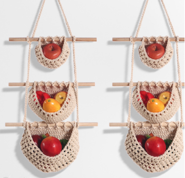 Macrame Fruit Basket Hanging - Macrame Fruit Hammock for Kitchen - Wall Hanging Fruit Basket 3 Tier - Hanging Produce Basket