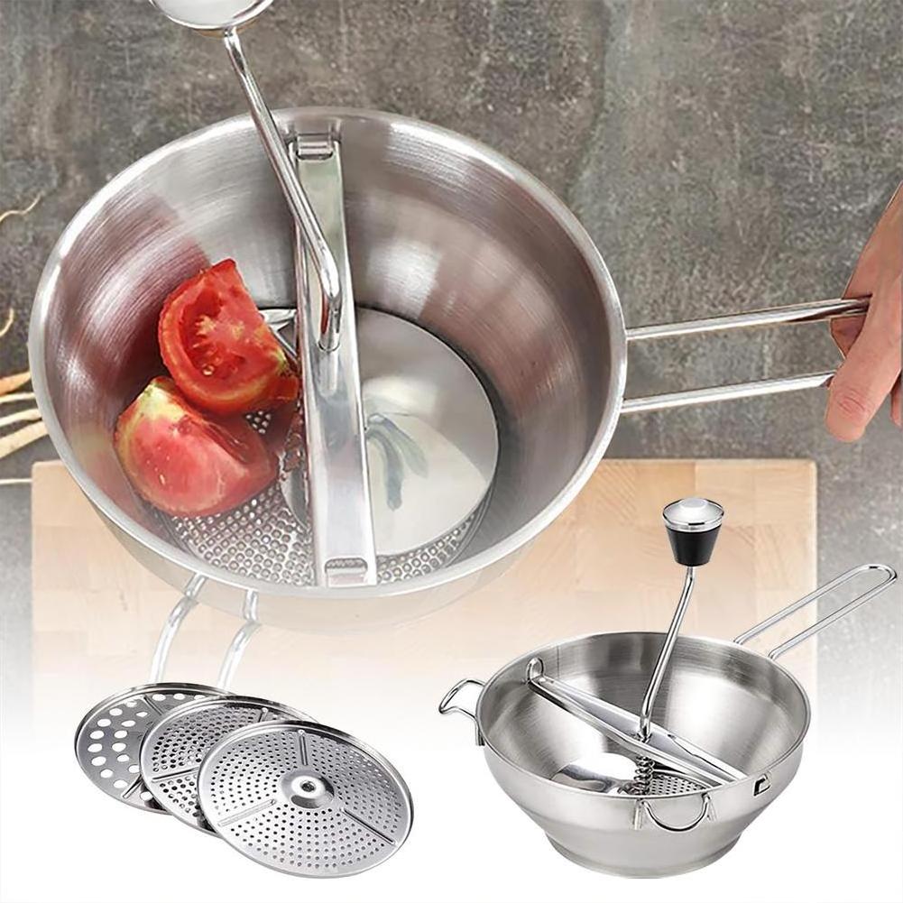 Ergonomic Food Mill Stainless Steel With 3 Grinding Milling Discs Milling Handle & Stainless Steel Bowl - Rotary Food Mill