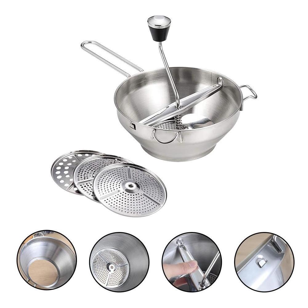 Ergonomic Food Mill Stainless Steel With 3 Grinding Milling Discs Milling Handle & Stainless Steel Bowl - Rotary Food Mill