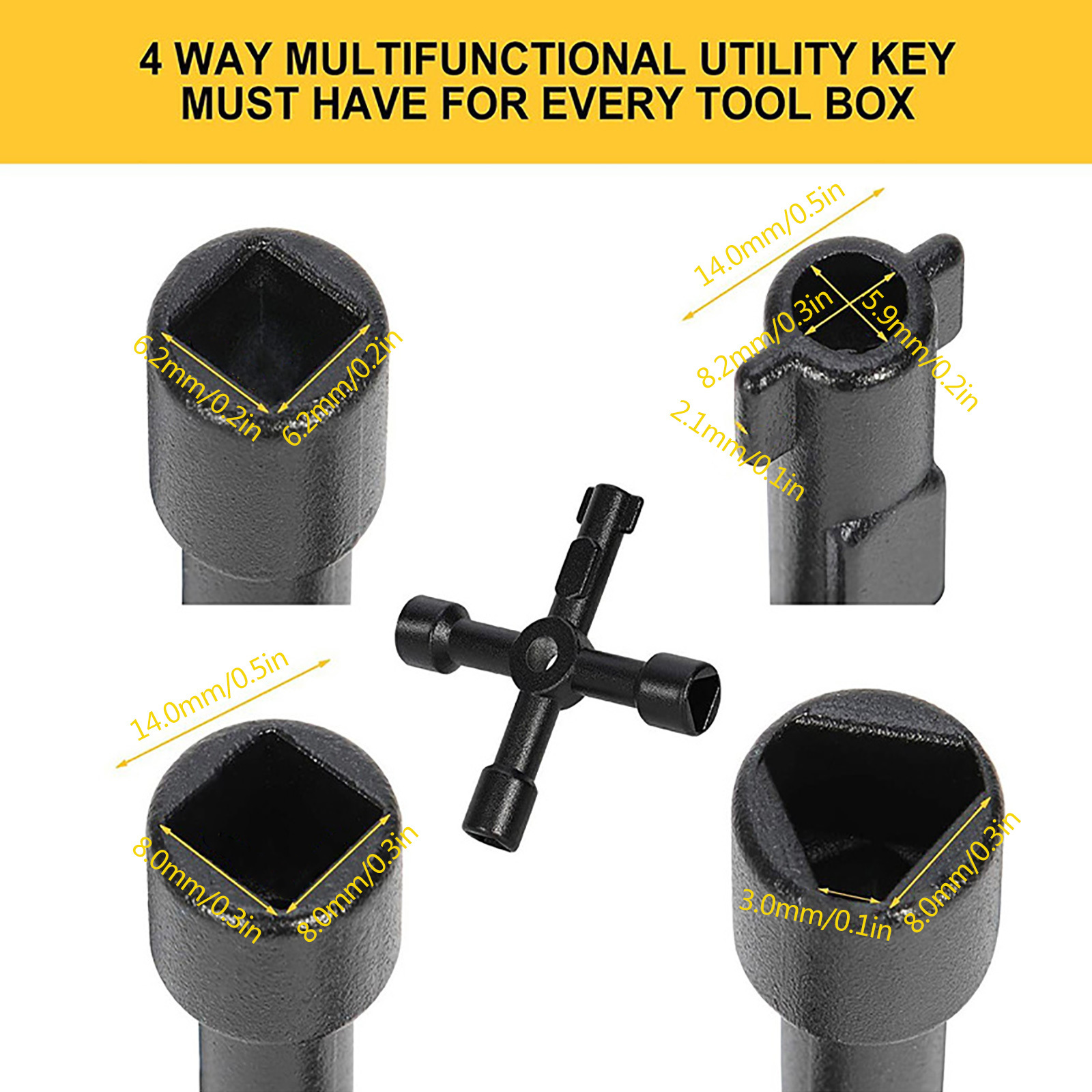 Water Meter Key Wrench 12 Inch Reinforced Steel Curb Box Main Water Valve Shut Off Tool with 4 Way Control Cabinet Cross Key