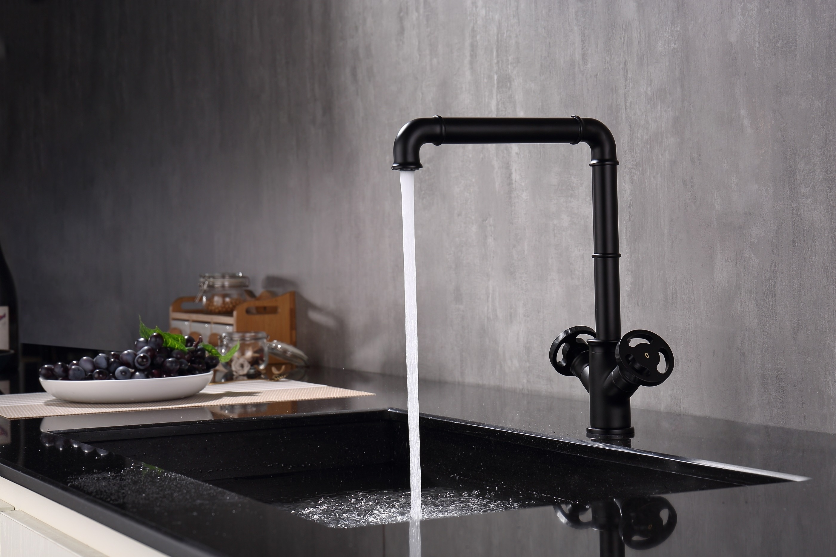 Matte Black Solid Brass Dual Handle Bridge Industrial Kitchen Faucet Hot Cold Water Mixer Electric Faucets Home Hotel Kitchen