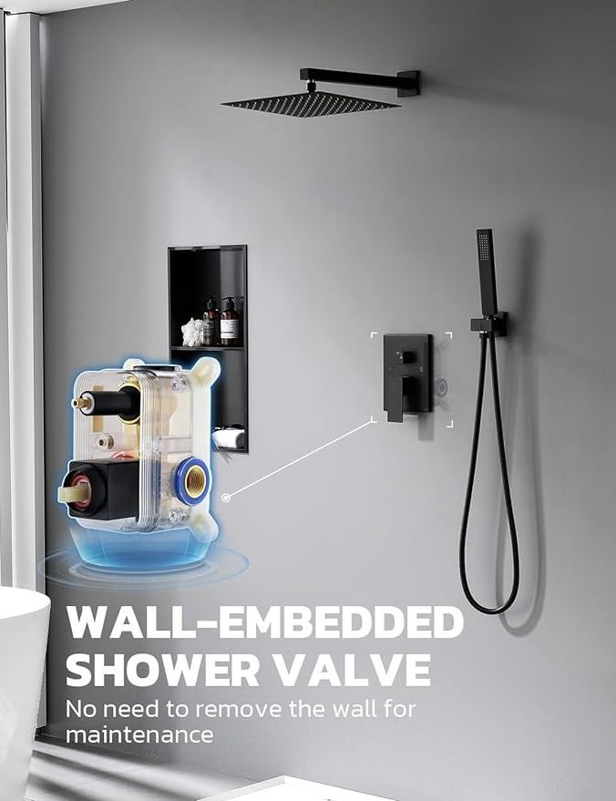 Black all copper square flush mounted wall shower shower set three function embedded shower faucet set