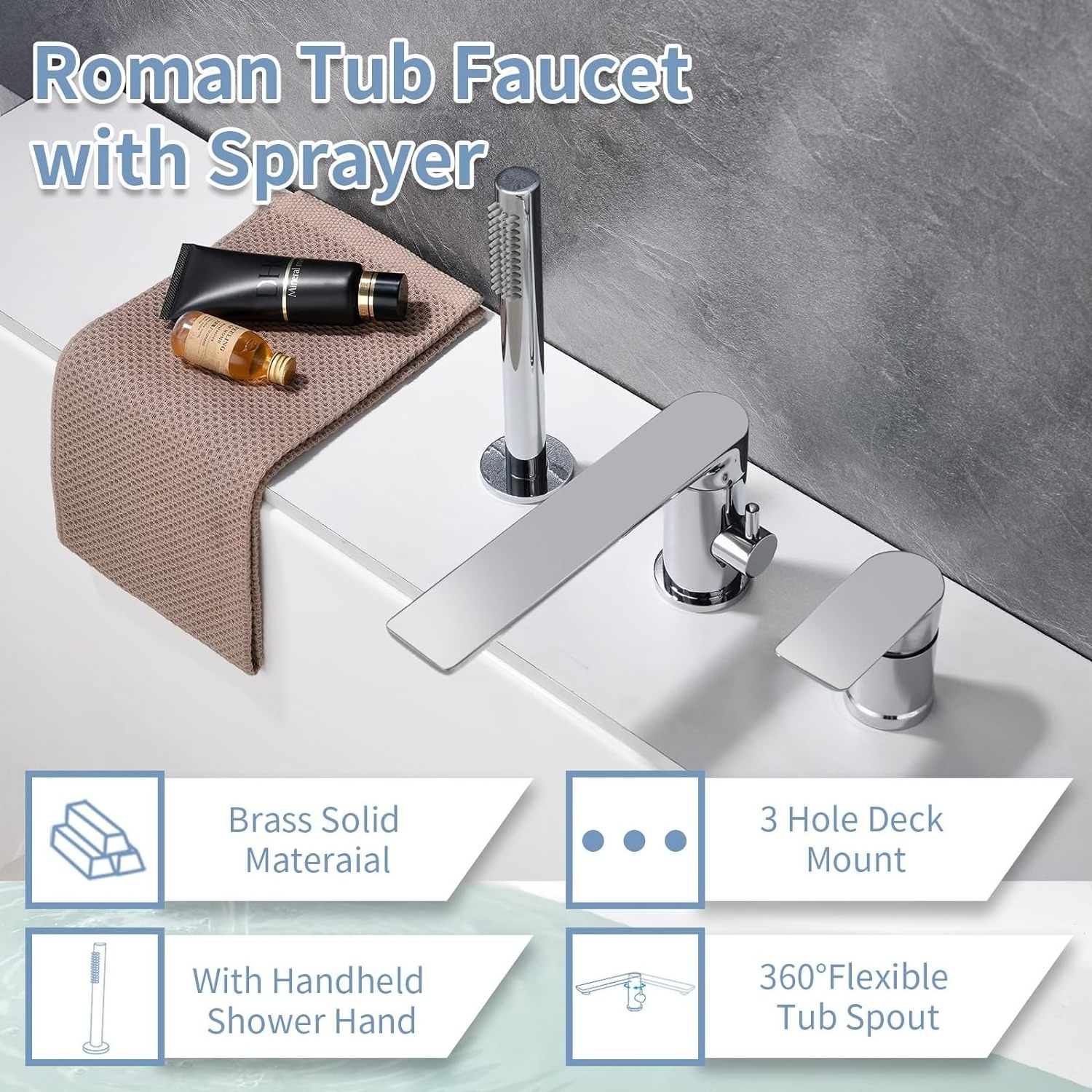 Roman Tub Faucet with Hand Shower Deck Mount Bathtub Faucet with Sprayer Widespread Bathtub Shower Faucet