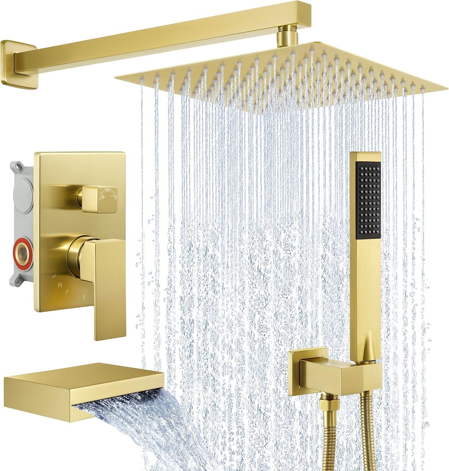 Waterfall Tub Spout Shower System 3-Function Shower Faucets Sets Complete with Rain Shower Head