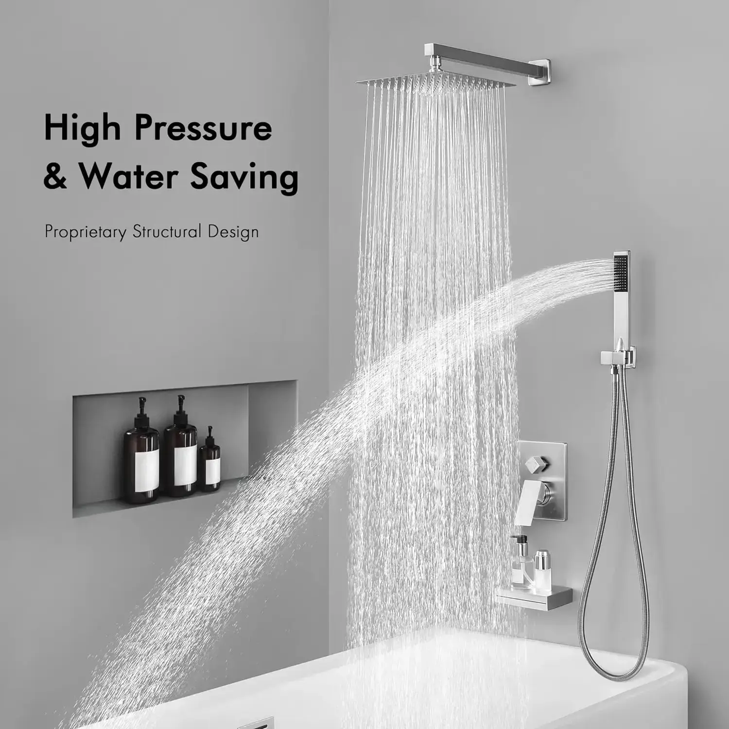 Waterfall Tub Spout Shower System 3-Function Shower Faucets Sets Complete with Rain Shower Head