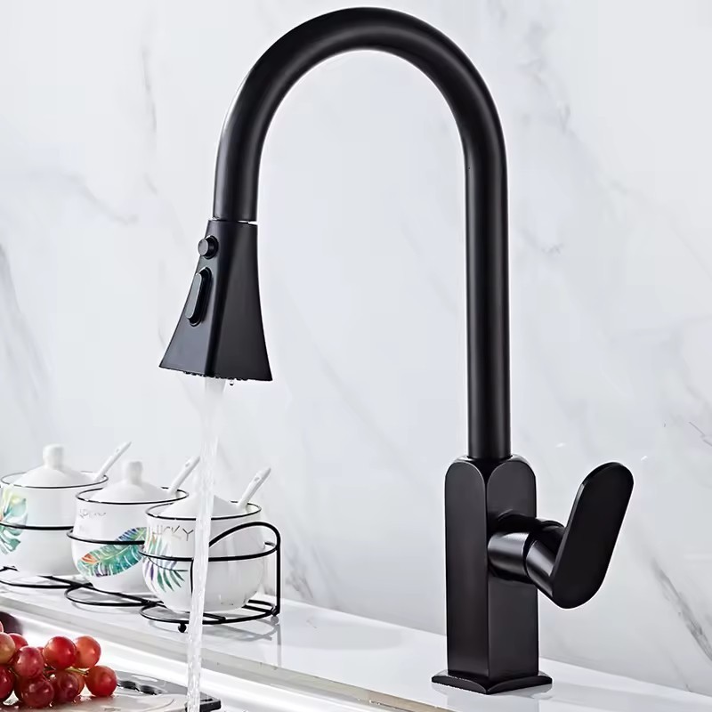 Aluminium Alloy 304 Matte Black Finish High End Kitchen Water Faucet Mixer Tap Pull Out Kitchen Faucet