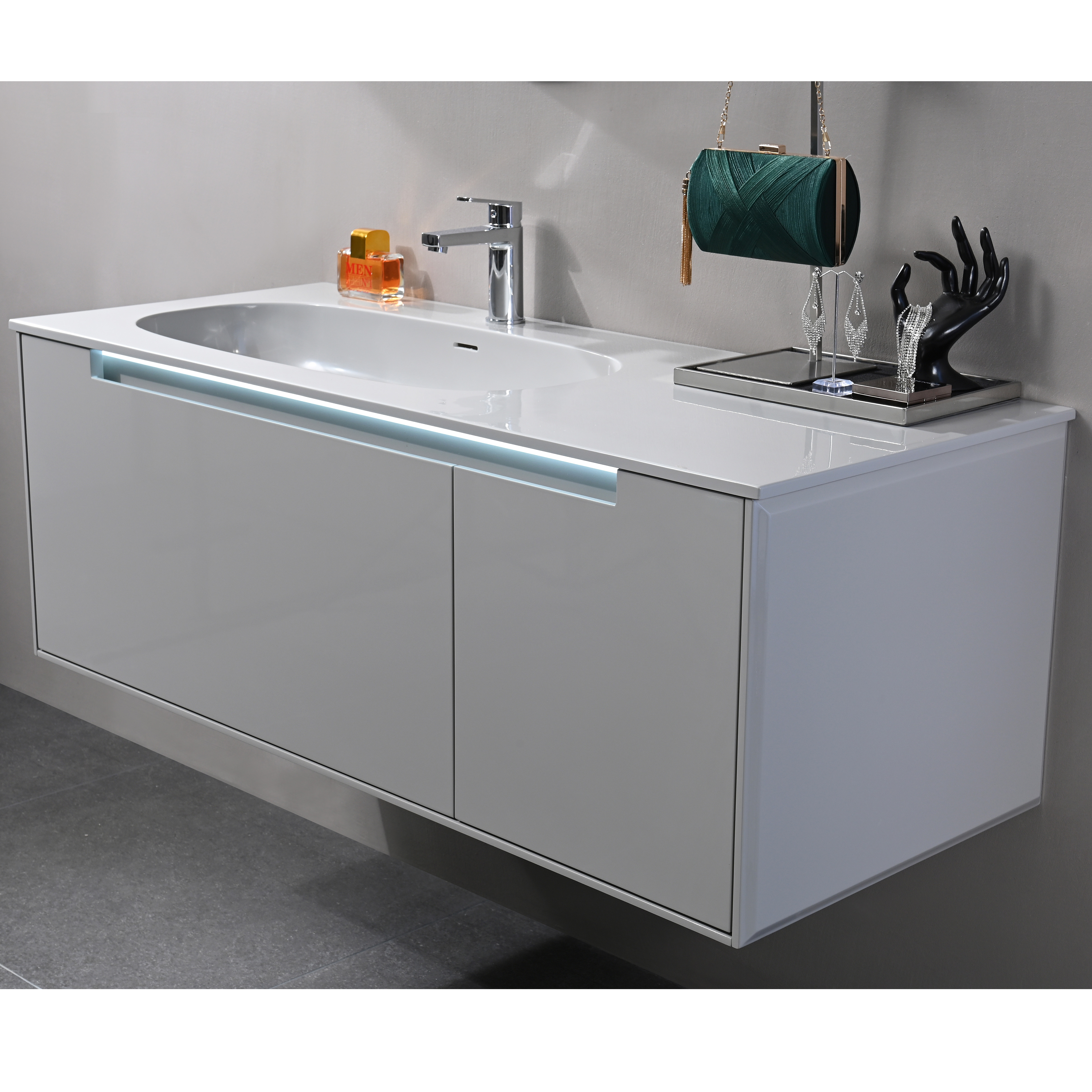 Flat Packing Vanity Plywood Modern Wall Mounted Bathroom Vanity With Stone Top Bathroom Cabinet With LED Mirror