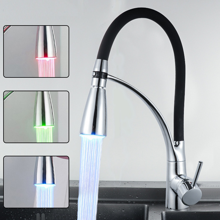 Led Light Flexible Pull Out Spray Black Kitchen Faucet Tap